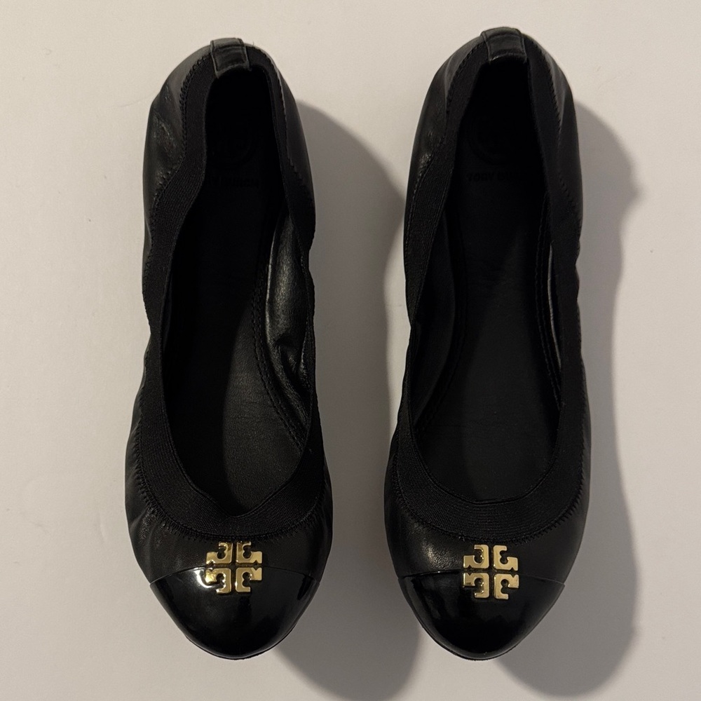 Tory Burch Black Leather Cap Toe Flats with Gold Logo